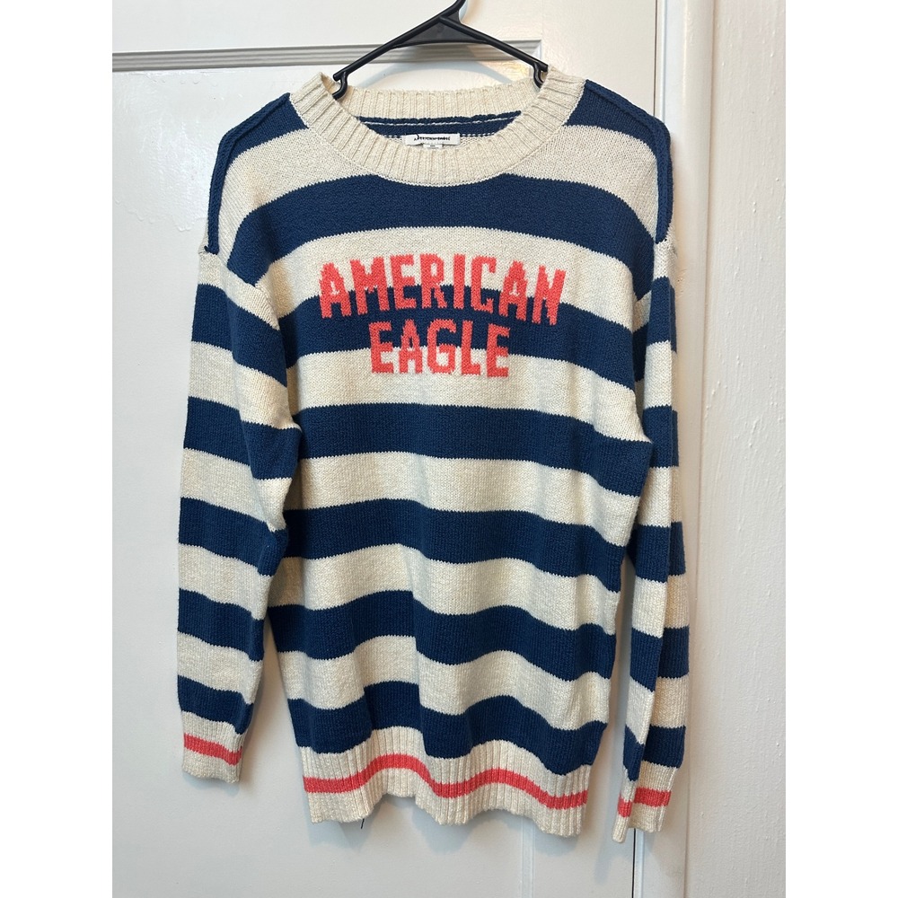 American Eagle Womens XXS Striped Crewneck Sweater Navy Blue Cream Red Logo